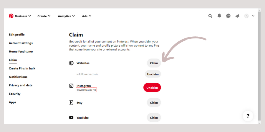 Screenshot showing how to claim a website in Pinterest by Wildflower Pinterest Management