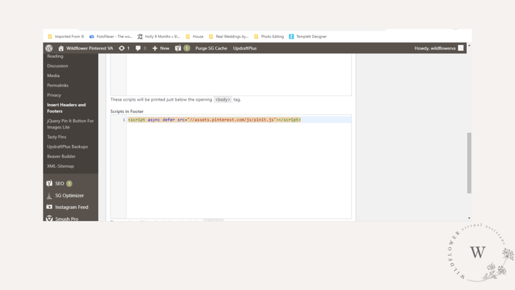 Screenshot showing how to add in Pinterest widget text to WordPress blog HTML