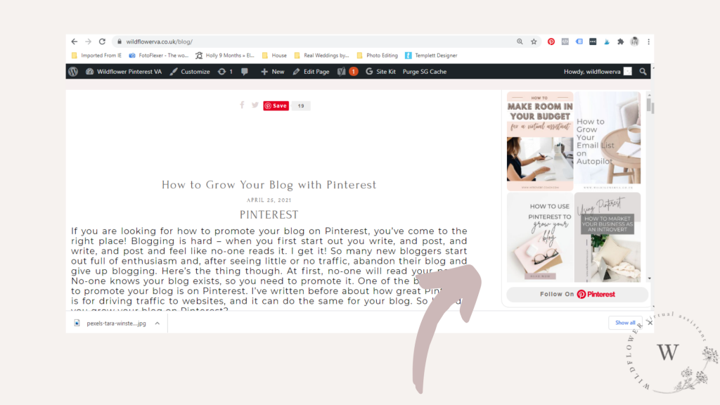 Screenshot showing the Pinterest widget in a sidebar on a WordPress blog - Wildflower Pinterest Management