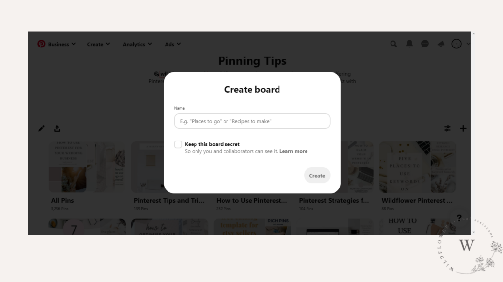 Screenshot showing how to make a board in Pinterest from blog post What is Pinterest and How to Get Started - a Beginner's Guide