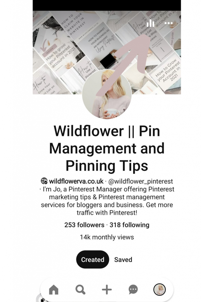 Where to find Pinterest analytics on mobile - Screenshot from How to Understand Pinterest Analytics by Wildflower Pinterest Management